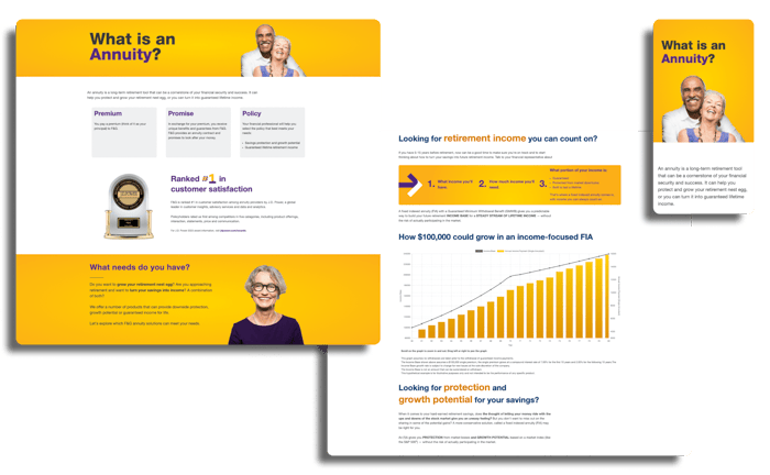 public site page featuring large brand yellow backgrounds and purple headers